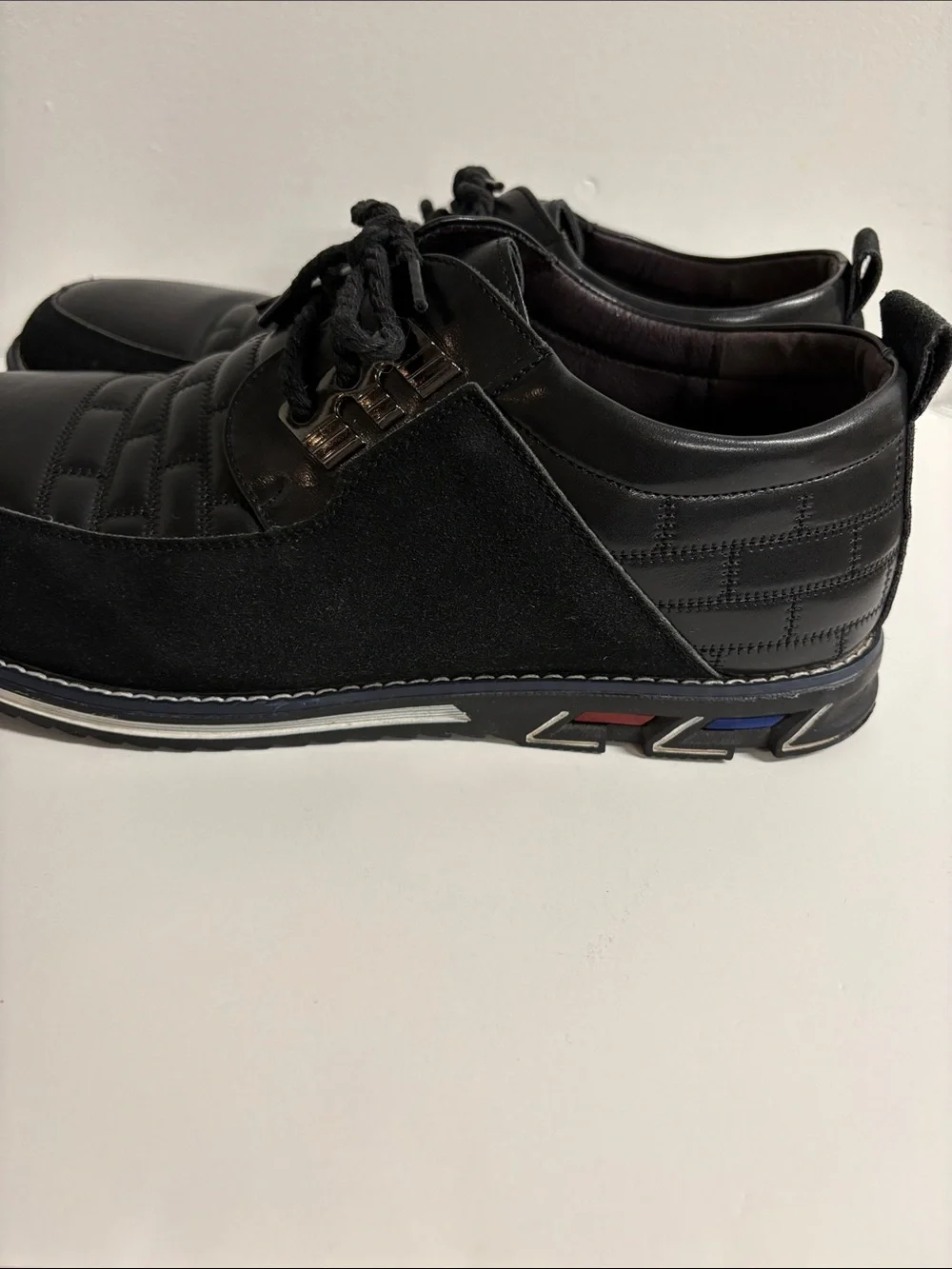 Men's Black Leather & Suede Lace-Up Slip-On Loafers